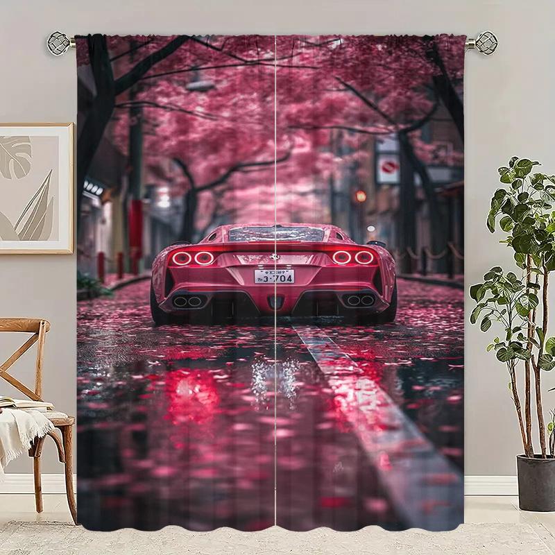 

2Pcs- Red Sports car - Printed curtain, Polyester semi-transparent curtain -100% polyester material, home decor 29Wx64L(75x166CM)x2