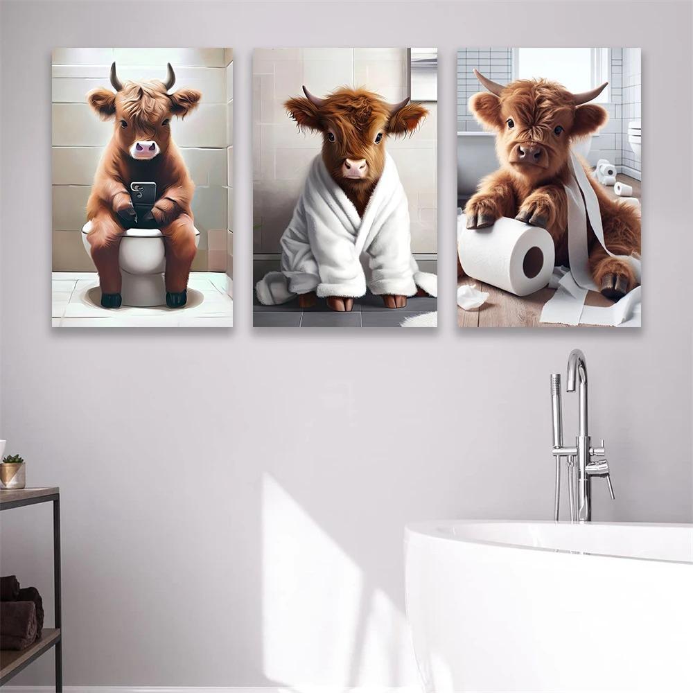 Bagno Mucca delle Highlands Scozzesi Pittura su Tela Decorazione Animali da Fattoria Stampe Umoristiche Stampa su Tela Fantasiosa Arte Decorazione WC Casa