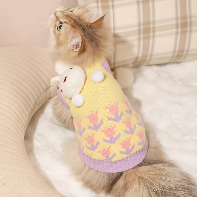 

Fluffy Rabbit Fur Flower-Patterned Cat Sweater, Anti-Shedding Warm Winter Vest for Small Cats, Indoor Cold Weather Wear, XS-XL XS: Bust 29cm, 0.5-1.5kg