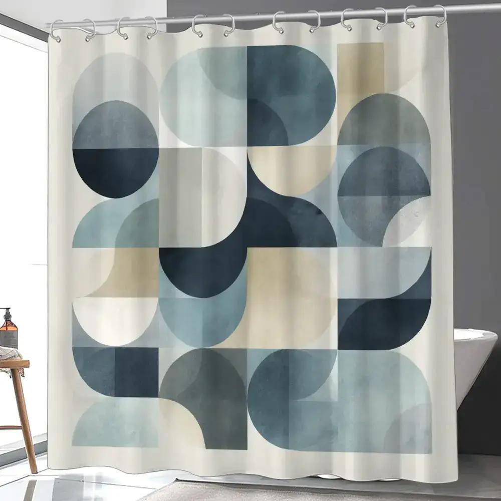 

Mid-Century Modern Shower Curtain – Abstract Geometric Circles In Navy, Sage & Cream, 12 Hooks, Minimalist Bathroom Decor W60H190(CM)-1 Pcs