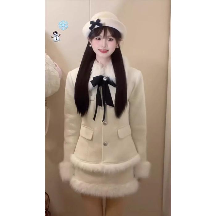 Winter Arrival: Elegant Women s Bow Collar Coat & Pleated Skirt Set XL