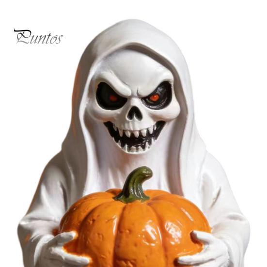 Durable Resin Halloween Ornament White Ghost Pumpkin Statue, Spooky Holding Mini Party Props for Countertops Figurine Garden Yard Tabletop Mantel Home