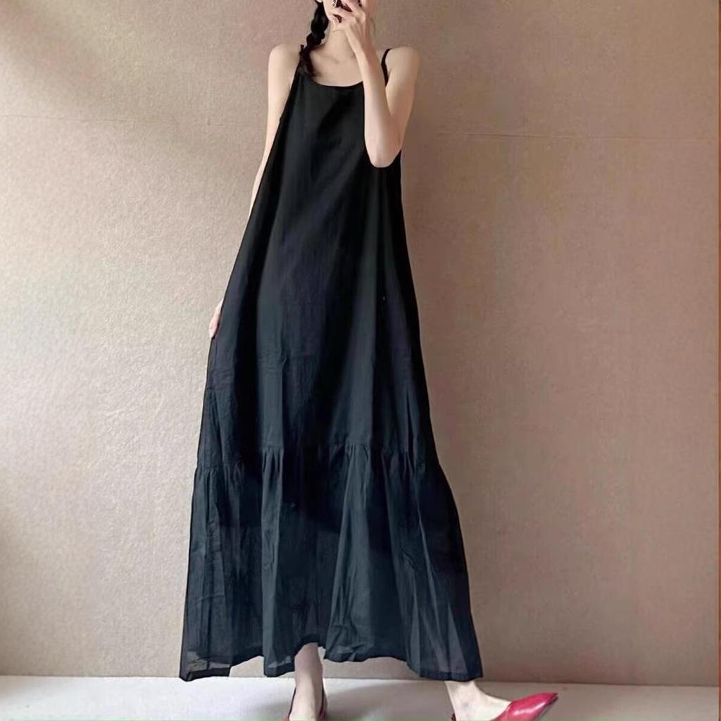 2025 Summer Retro A-Line Maxi Dress: Sleeveless Spaghetti Strap, Loose Pullover, Mid-Length Design