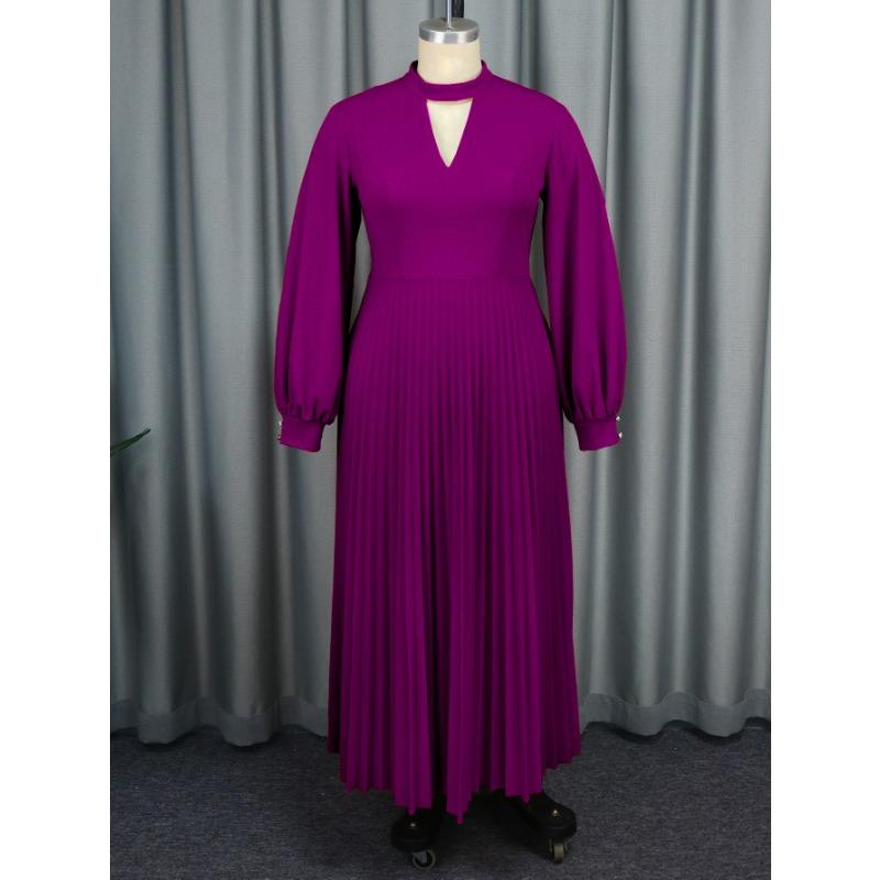 Aomei Elegant Solid Stand Collar Lantern Sleeve Pleated Long Dress For Women