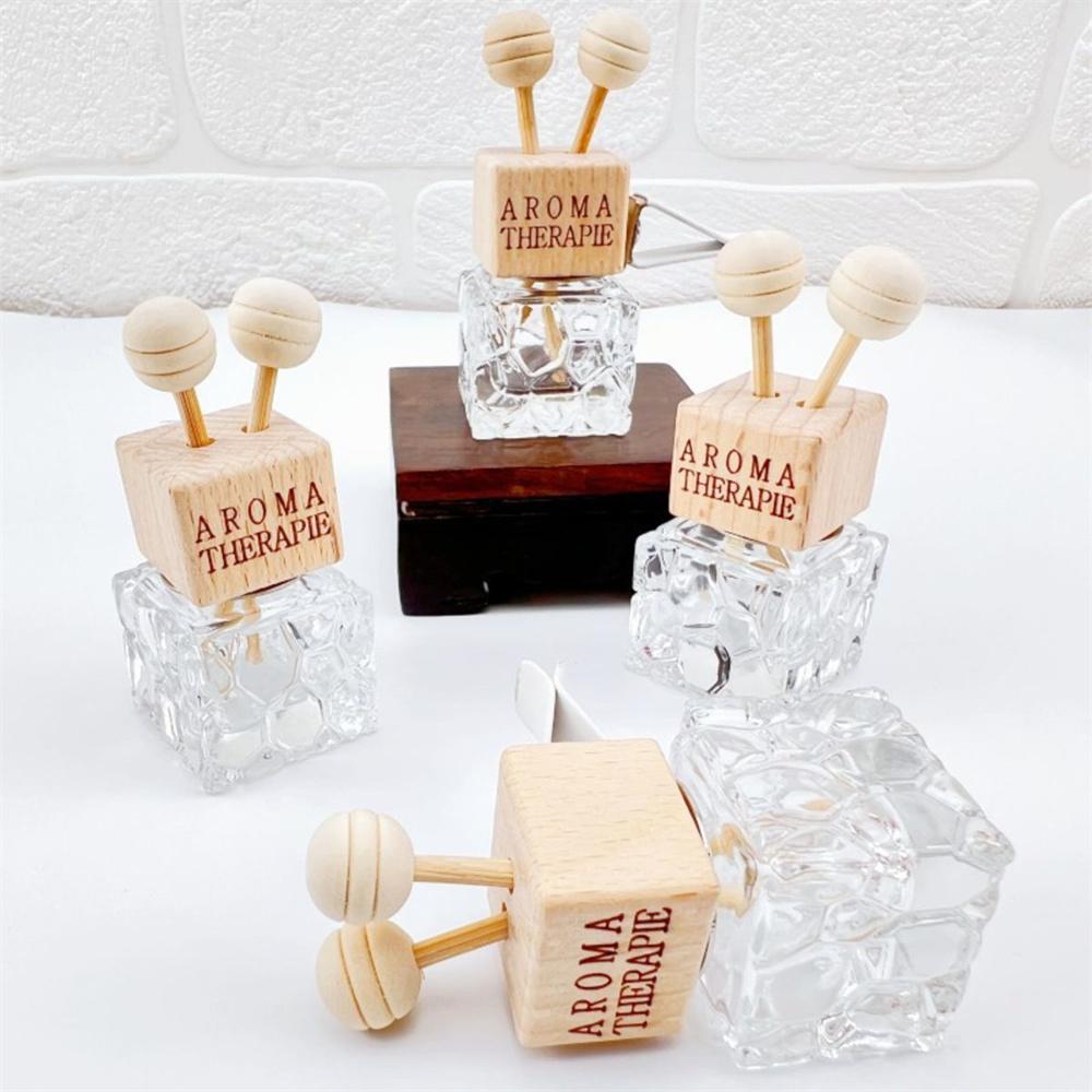 0.27oz Water Cube Air Outlet Perfume Empty Bottle Car Glass Diffuser Bottle Wooden Cap Freshener With Clip Vehicle Fragrance Dec