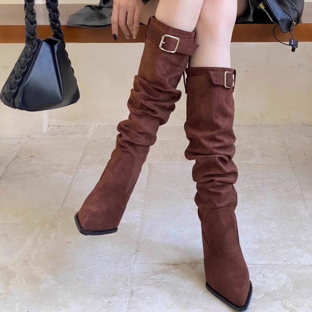 College-Stiefel gestapelt lange Stiefel erhöht Jahre dünne Absätze retro spitz dünne Gürtelschnalle