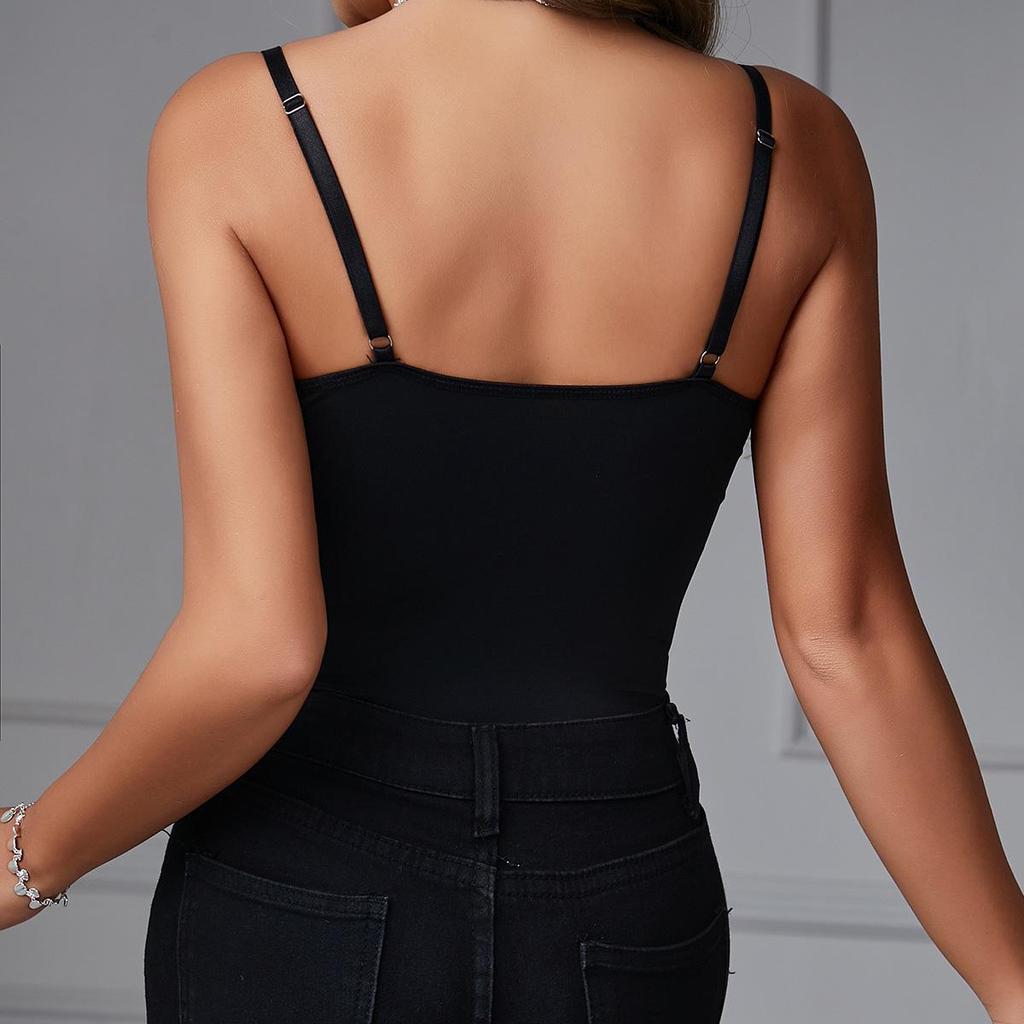 European & American Fashion Sexy Women's Embroidered Floral Push-Up Spaghetti Strap Bodysuit