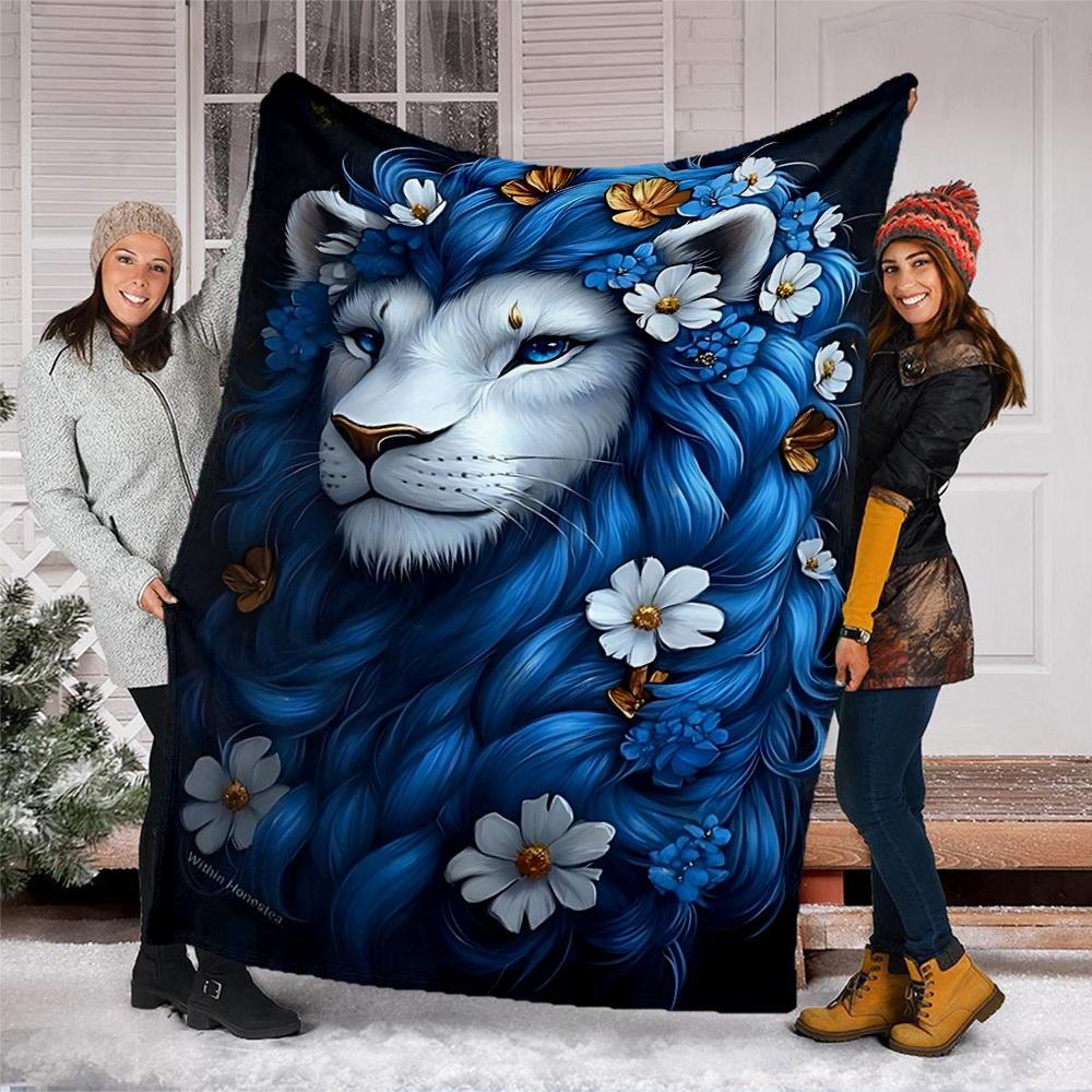 1pc Lion Floral Artwork Throw Blanket Polyester Fiber, Lightweight Flannel, Soft & Warm, All Season Use for Outdoor, Camping Digital Print