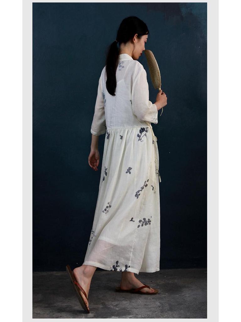 Mountain Spirit Sheer Flowy Tie-Waist Long Dress with Irregular Neckline, Women's Ramie Tea Dress