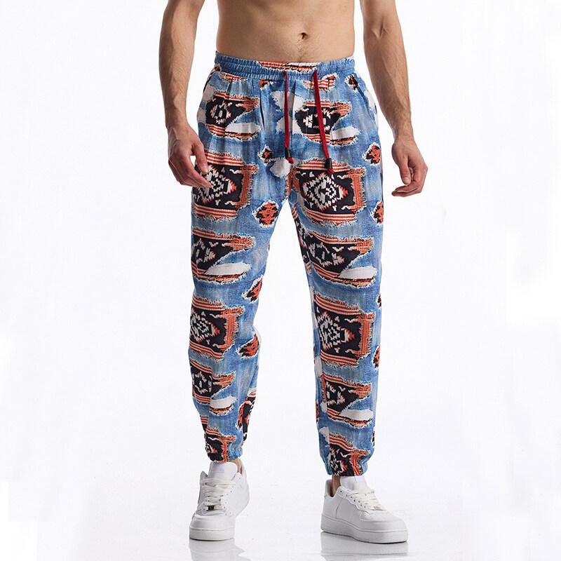 Summer Cotton Linen Men's Casual Drawstring Graphic Print Boho Tribal Vintage Pants Outdoor Activities Trousers Running Jogger