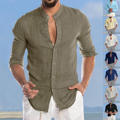 Designer Spring Summer Men's Casual Cotton Linen Solid Color Long Sleeve Shirts Loose Stand Collar Shirts