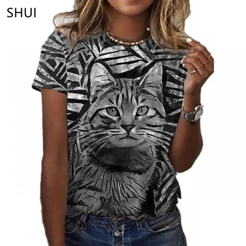 Animal Series Digital 3D Printed Men's Women's Short Sleeved T-shirt Cute Cat Round Neck Base Top