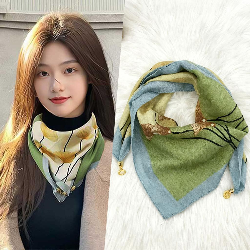 Magnetic buckle cotton and linen small square scarf silk scarf women's spring and autumn versatile neck protection scarf triangular scarf new warm sca