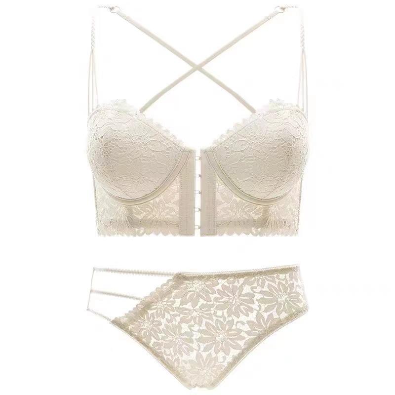 Front buckle women's spring and summer thin show bra without steel ring sexy cross back bra set
