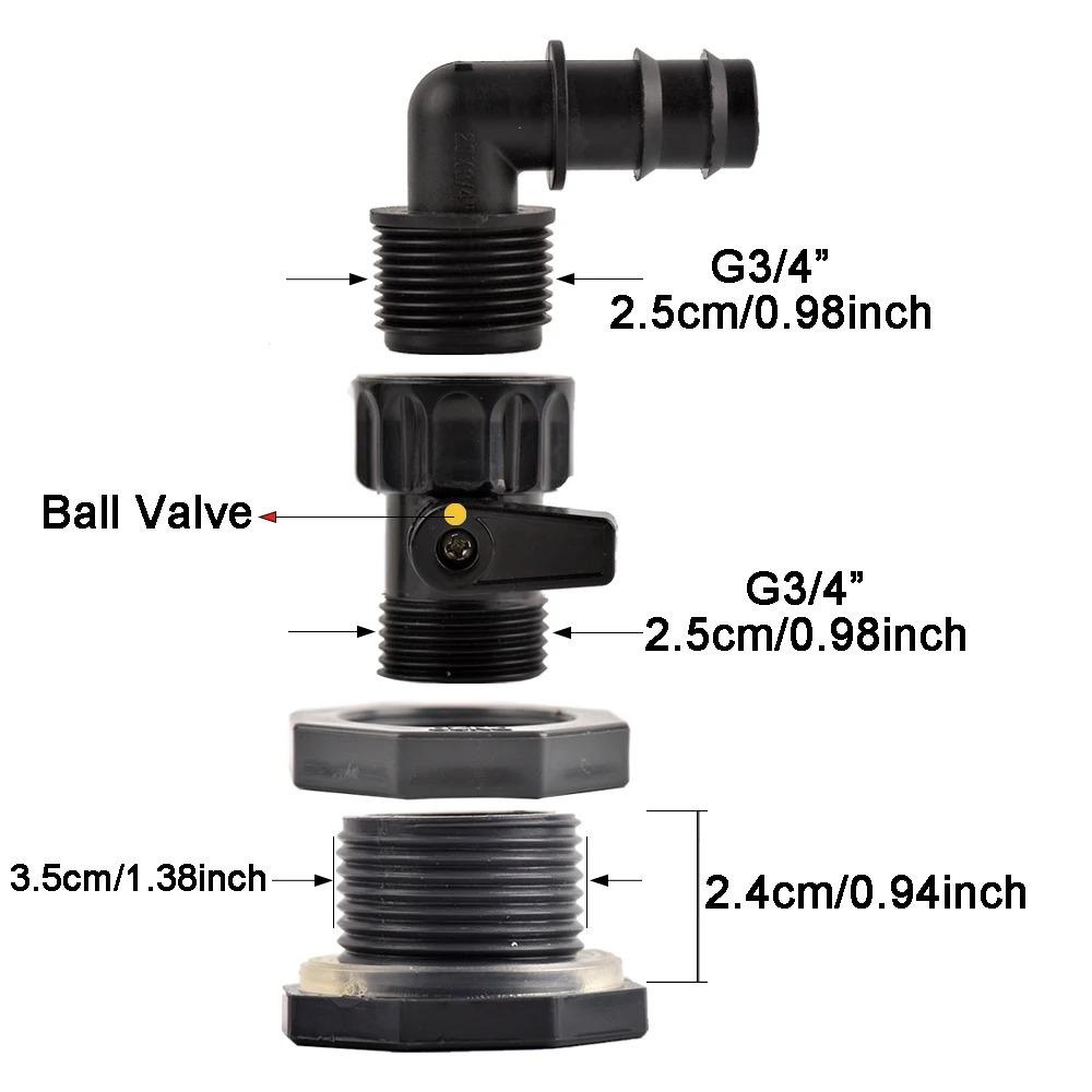 Rain Barrel Overflow Kit, 3/4 Inch Rain Barrel Valve, Barbed Fittings Connectors Tee Elbow Water Pipe Fittings