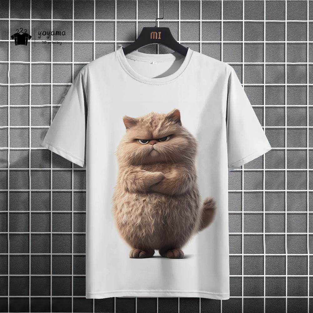 Cat printed T-shirt, Fun animal 3D printed short sleeved T-shirt, Large casual T-shirt