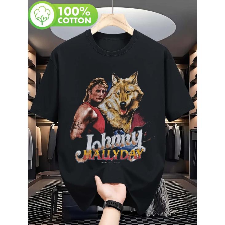 Men'S Vintage 1990s Johny Hallyday Graphic T-Shirt | Retro Rock Tee with Tiger & Geometric Design, Regular Fit, Short Sleeve, Crew Neck, All-Season