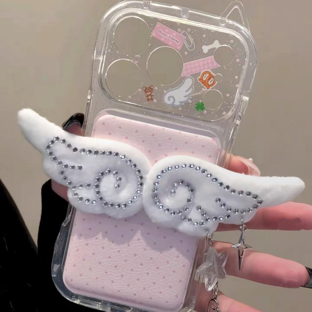 ins girl heart plush angel wings for apple 17 mobile phone case 17promax new iphone16pro women's 15 leather hard case