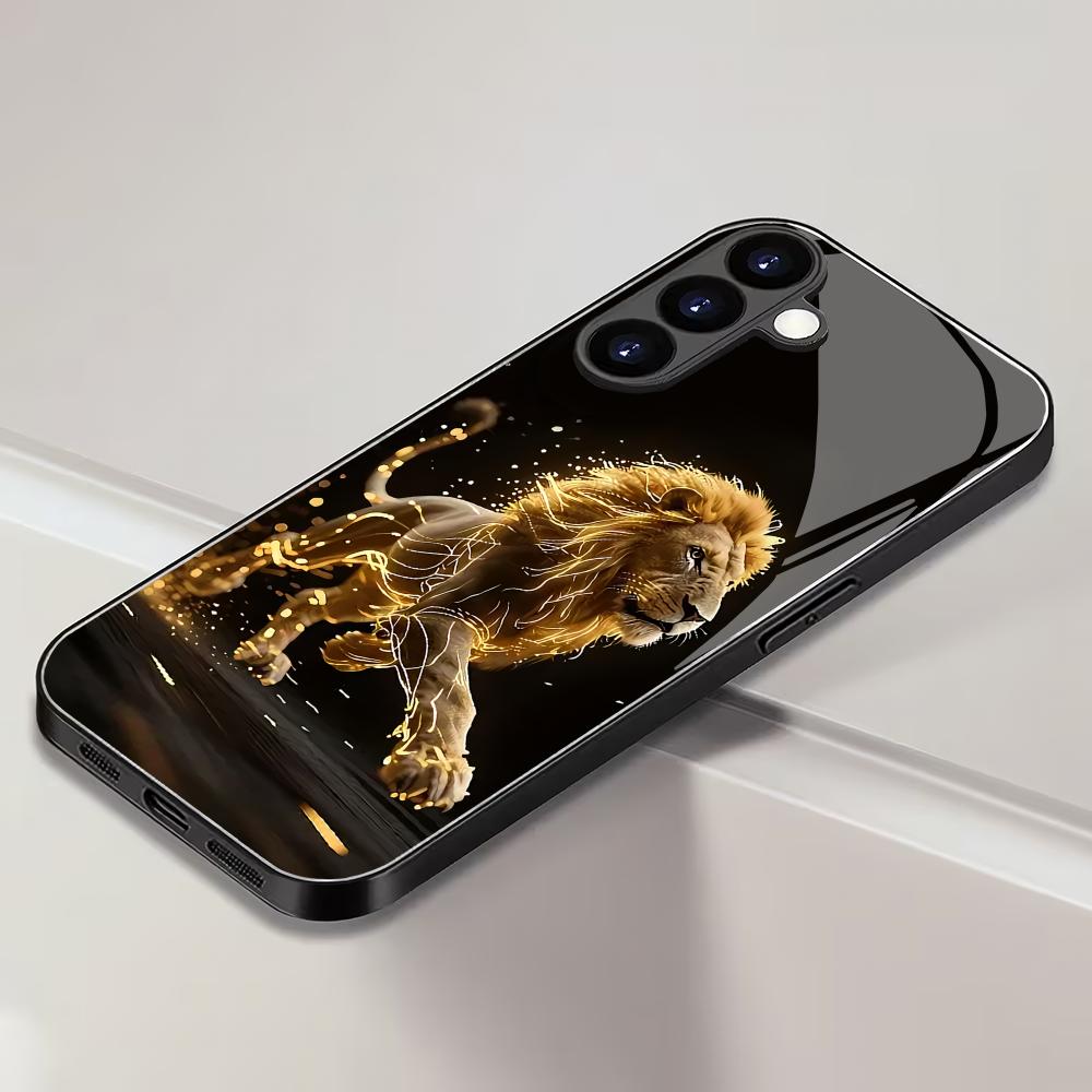 Golden Lion tempered glass phone case suitable for Samsung Galaxy S26 S25 S24 S23 S22 S20 FE/Ultra/Plus anti drop back cover