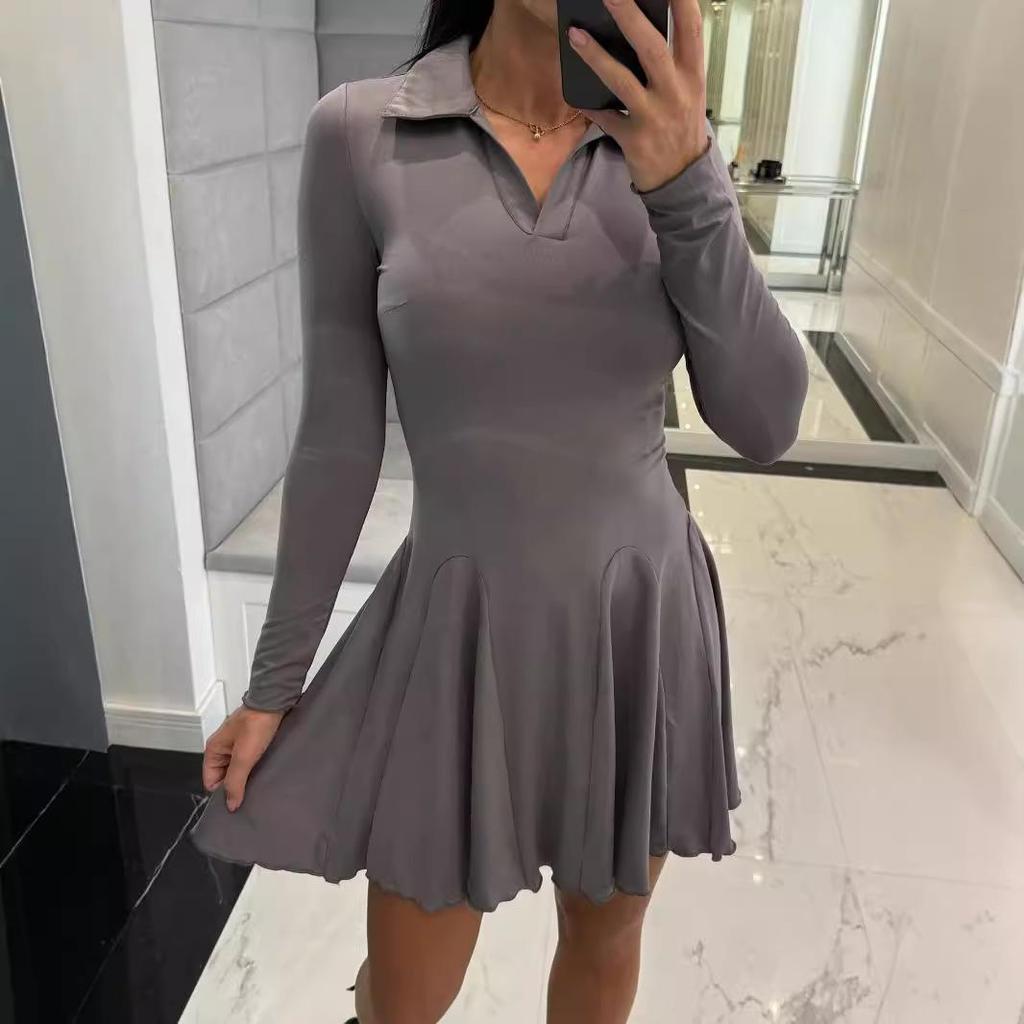 2024 Women's Autumn Long-Sleeve Waist-Hugging Lapel Dress – Solid Color