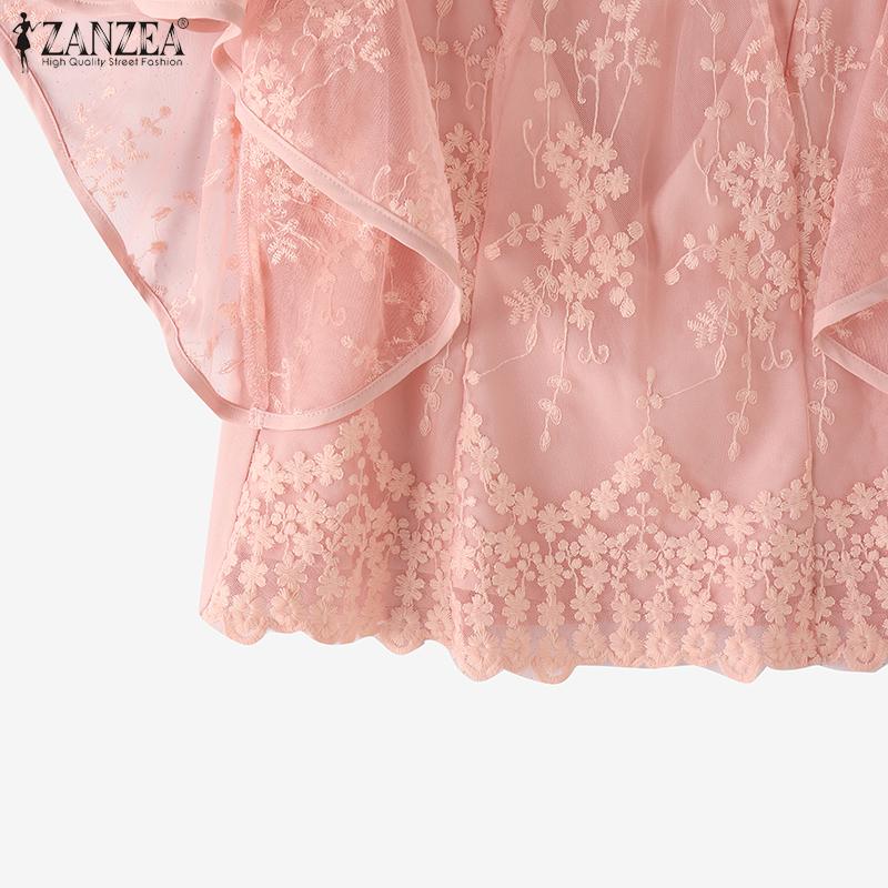 ZANZEA Women Casual Round Neck Short Sleeve Embroidery Lace Patchwork Blouse