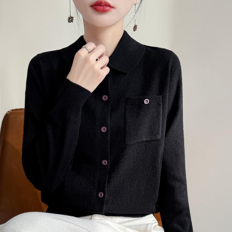 Spring and Autumn New Casual Simple Lapel Knitted Cardigan Solid Color Single Pocket Sweater Jacket