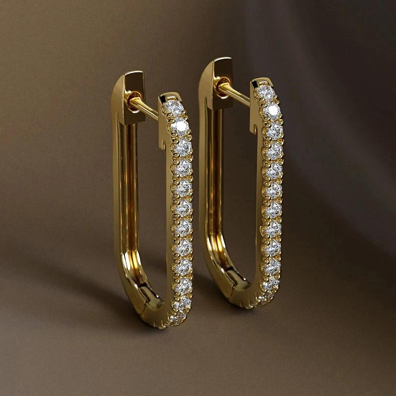 Huitan Simple Stylish Oval Shaped Hoop Earrings with Shiny CZ Stone Fashion Versatile Earrings for Women Gold Color Ear Jewelry