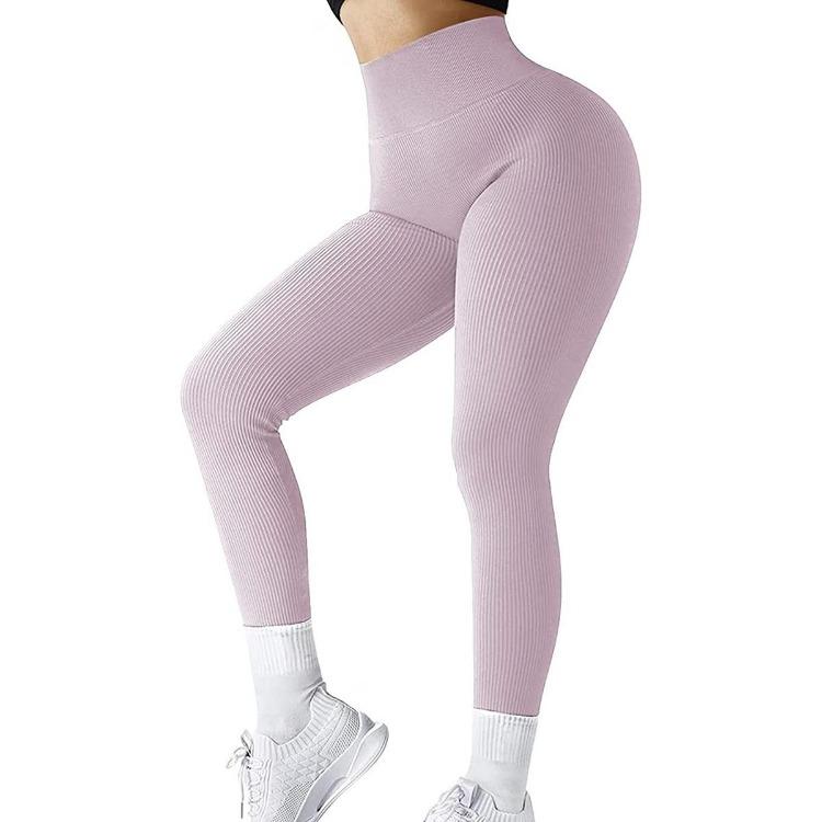 Women High Waisted Yoga Pants Ribbed Seamless Gym Leggings Solid Sport Fitness Running Training Tights Tummy Control Workout Female