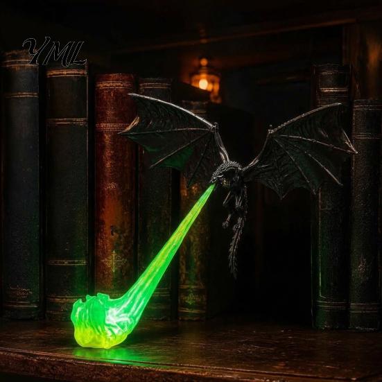 Fantasy Home Accessories 3D Printed Fire-Breathing Dragon Shelf Decor, Flying Nook Bookshelf Light, Black Design Artistic PLA Figure with Green Flame,