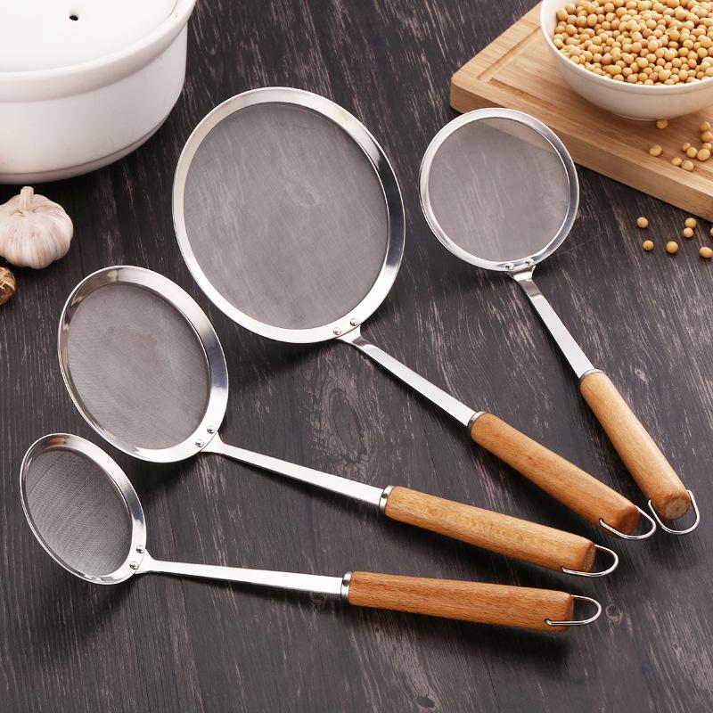 Stainless Steel Strainer Ladle with Wooden Handle - 16cm Kitchen Oil Skimmer & Flour Sifter