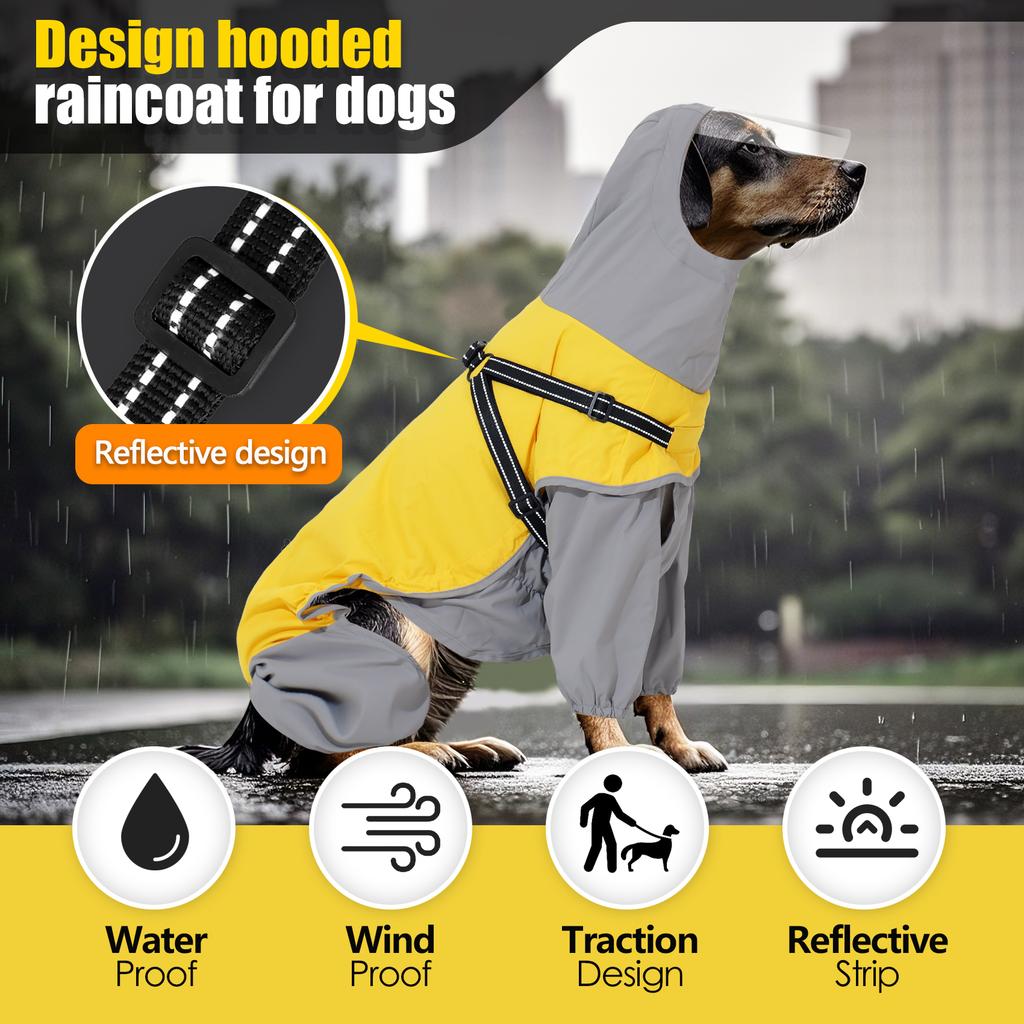 Dog Raincoat, Waterproof Dog Rain Coats for Large Dogs, Lightweight Rain Jacket, Adjustable 1 Legs Pet Poncho with Hood