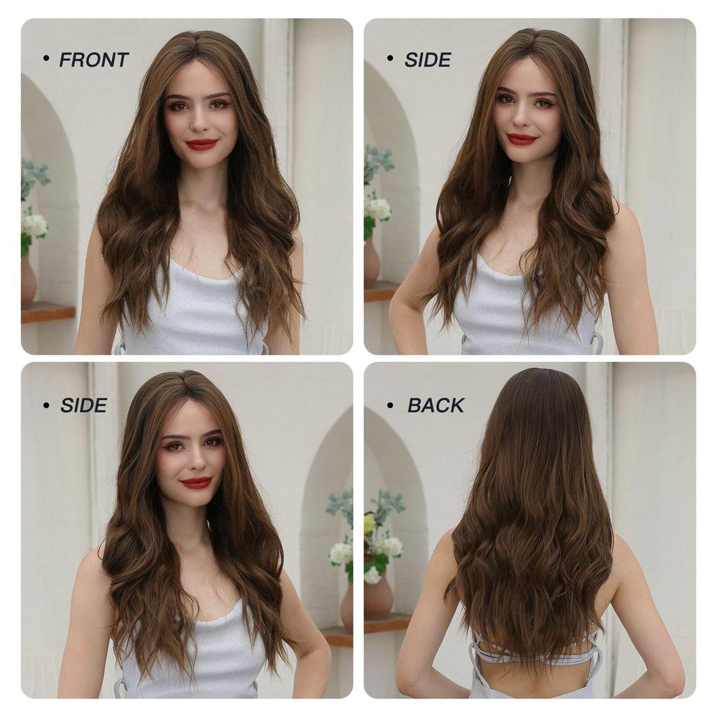 LOUIS FERRE Long Wavy 13*4 Lace Front Synthetic Wigs for Women Dark Brown Middle Part Wigs Daily Cosplay Heat Resistant Hair