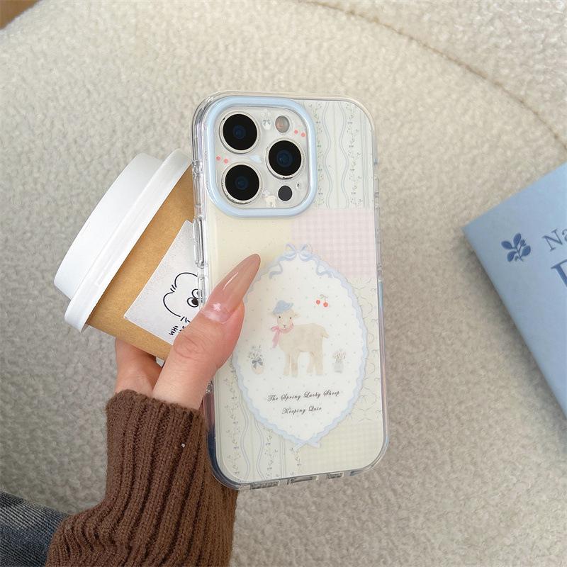 

Korean Plaid Floral Little Sheep iPhone 17/16 Pro Max/15 Pro Case for Women Apple 17 Pro Max
