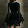 Elegant Solid Color Long Sleeve A-Line Dress With Deep V-Neck Contrast Stitching Women