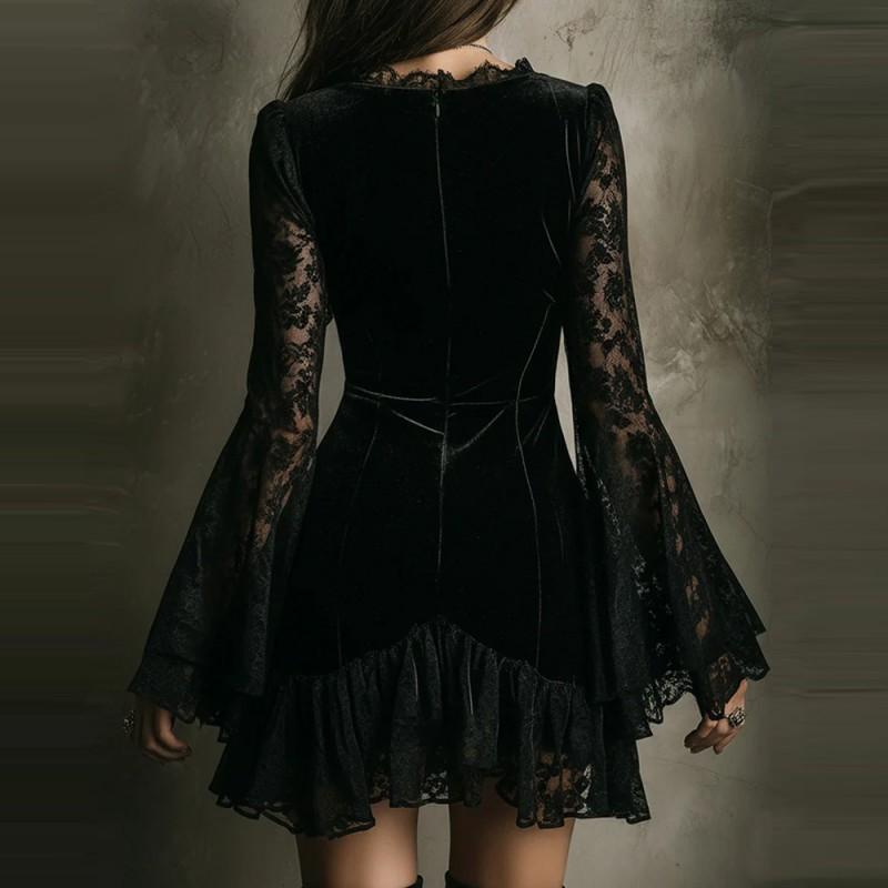 Elegant Solid Color Long Sleeve A-Line Dress With Deep V-Neck Contrast Stitching Women