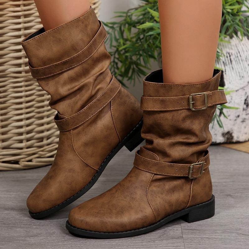 Stivali da donna a suola spessa, stile europeo e americano, con fibbia per cintura autunnale e invernale, fondo piatto, tacco basso, in pelle, sono disponibili.