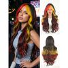 Colorful Highlighted Long Curly Wig 28 Inch Black Red Gold Curtain Bangs Festival Party Synthetic Full Cap Wig for Women