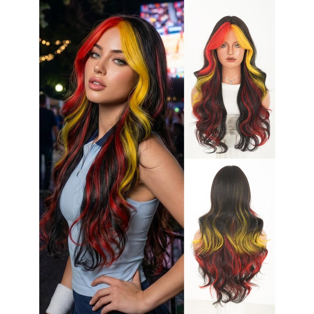 Colorful Highlighted Long Curly Wig 28 Inch Black Red Gold Curtain Bangs Festival Party Synthetic Full Cap Wig for Women