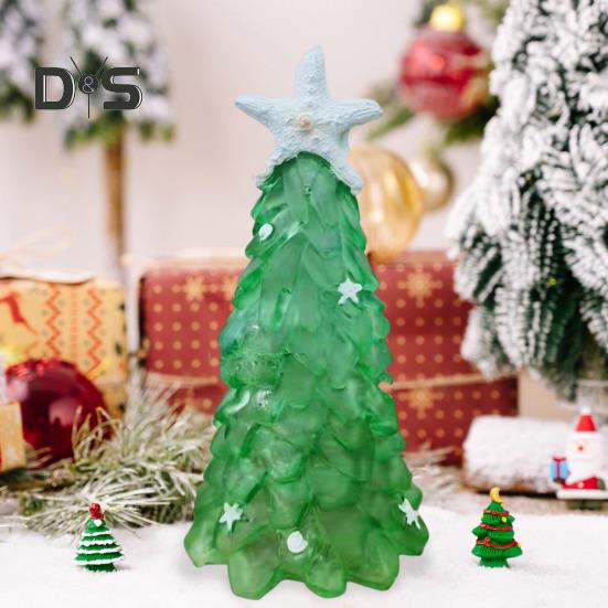 12/15/20CM Seaglass Christmas Tree Decoration Blue Green Sea Glass Starfish Shell Ocean-themed Xmas Tree Figurine Holiday Resin Tree Desktop Ornament