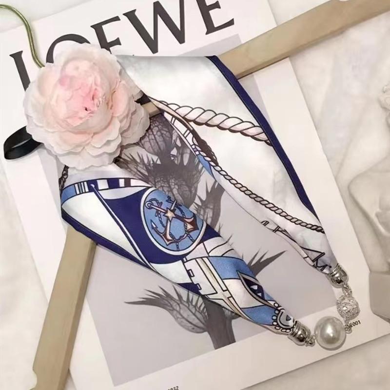 Live Season Magnet Buckle Silk Scarf Women'S Pearl Necklace Long Silk Scarf Headband Decorative Small Scarf