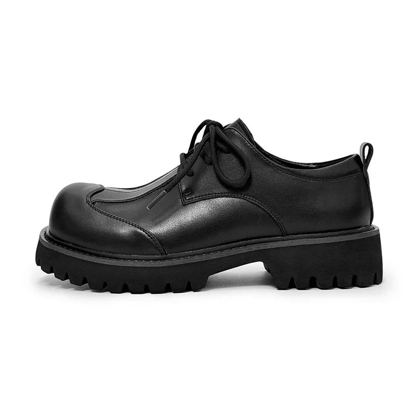 Thick-soled Men's High-end Leather Casual Big-head Heightened Black Small British Round Head Derby Shoes