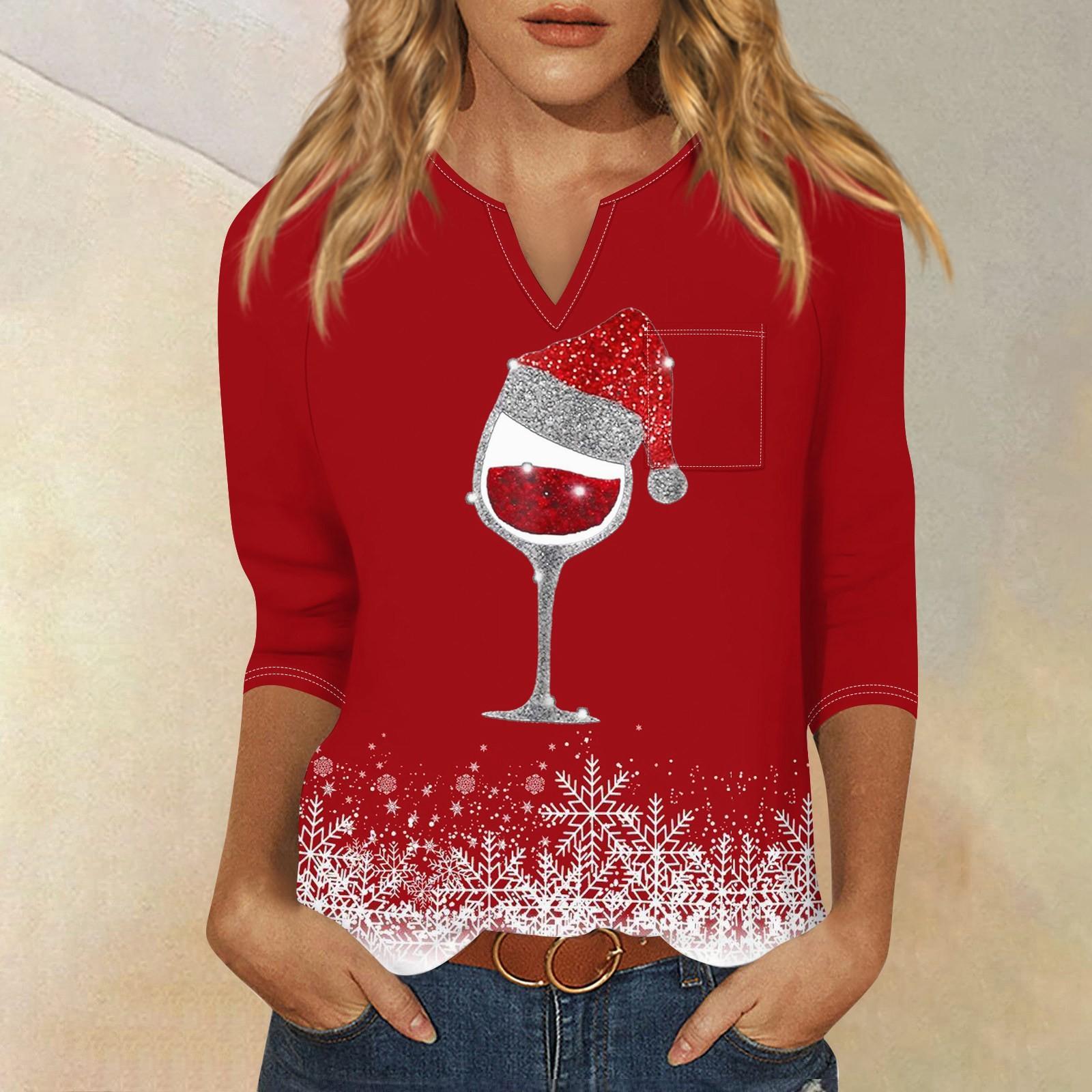 

Женская рубашка с рукавом семь дюймов, напечатанная в стиле ретро, повседневная, свободная, с V-образным вырезом, рождественская XL красный