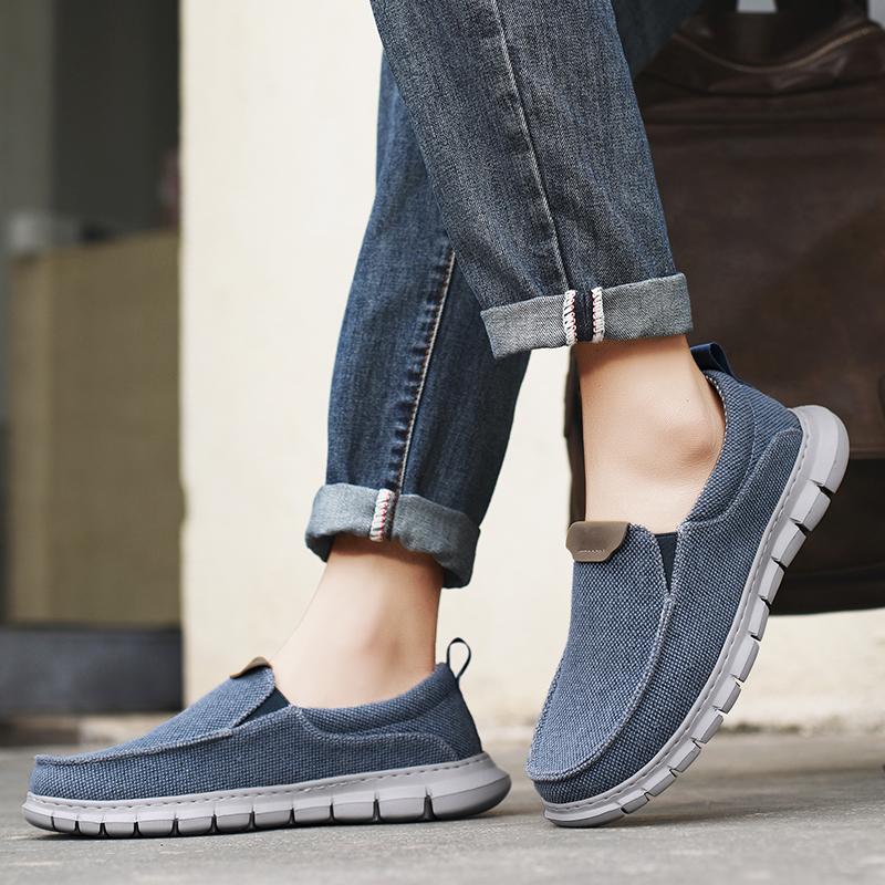 Men Outdoor Canvas Shoes Blue Slip on Sneakers Driving Shoes Casual Khaki Wide Head Shoes for Farther Plus Size Lightweight