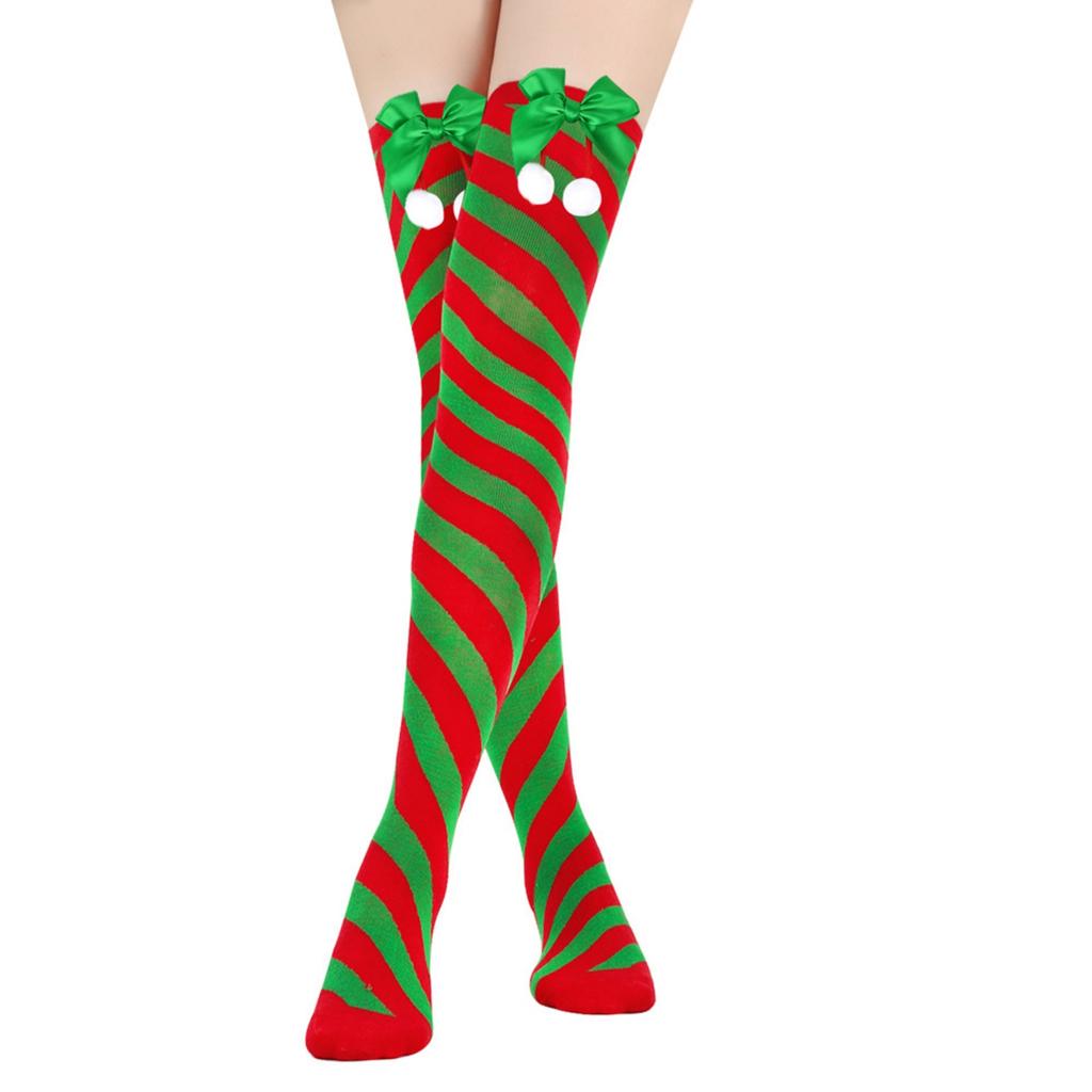 Women's Bowknot Christmas Stockings With Pom-poms Stripes Pattern Knee-high Over-the-knee Socks