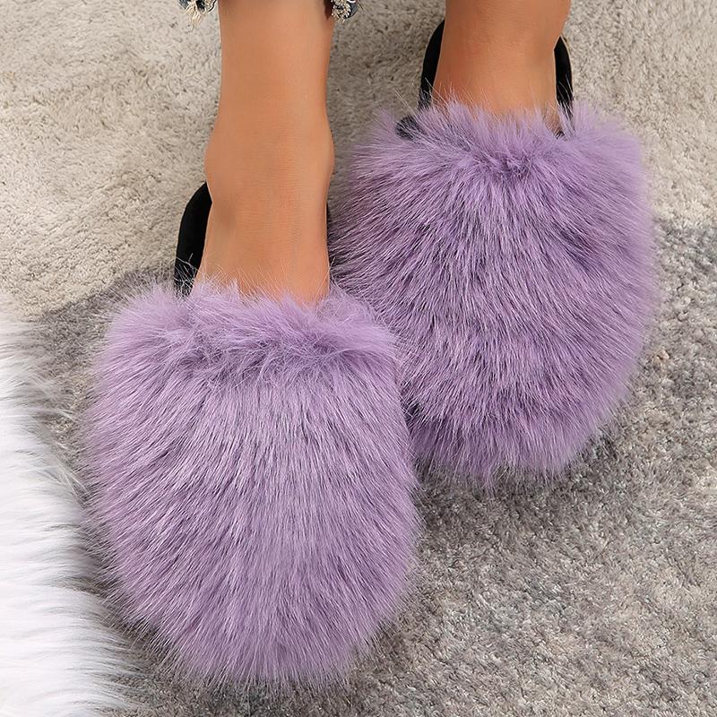 Fashion Closed Toe Fluffy Fur Slippers for Women Winter Plush Warm Indoor Home Slippers Woman Lightweight Flat Heels Couple Furry Slides