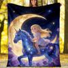 Moon Unicorn Girl Fleece Blanket, Fantasy Throw