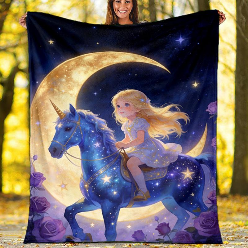 

Флисовое одеяло Девочка-единорог на луне , Плед в стиле фэнтези 80cm x 120cm