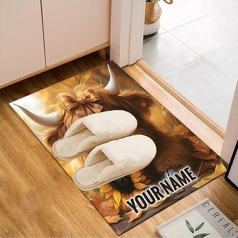1PC Custom Name Highland Cow With Sunflower Theme Floor Mat Ideal for Living Room, Game Rooms, Office, Bedroom,Floor Mat Playful Design24
