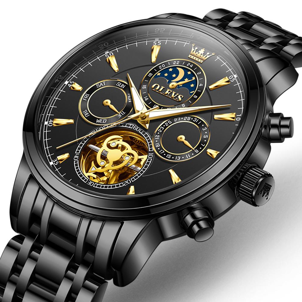 OLEVS High Quality Luxury Men Tourbillon Gold Watch Automatic Movement Mechanical Male Stainless Steel Waterproof Wristwatches
