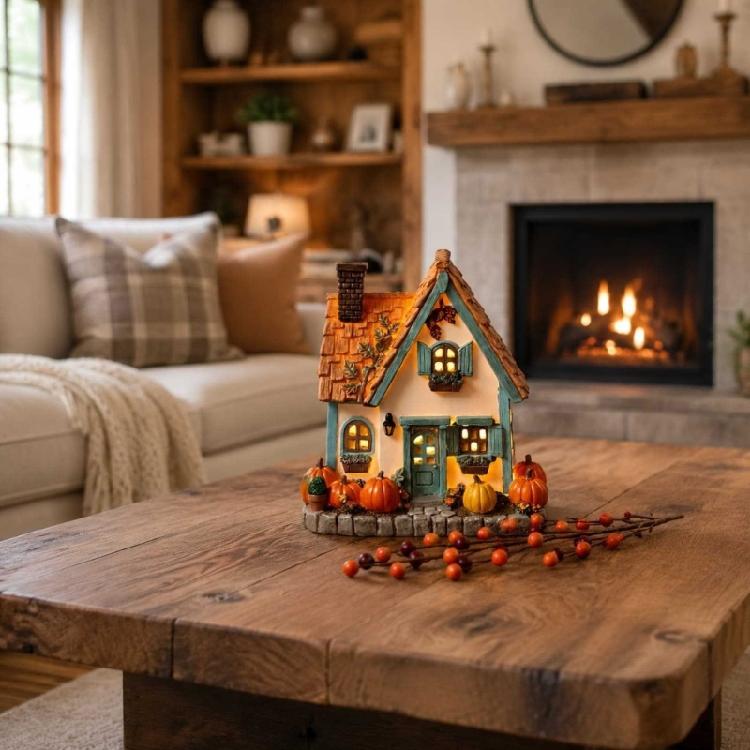 Pumpkin House LED Tabletop Decoration Resin Cottage Statue With Warm Illuminating Window for Fall Centerpieces, Fireplaces Mantels and Bedroom Shelf